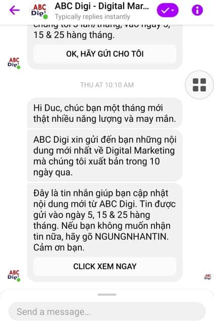Chatbot báo tin tức 3 lần/tháng của abcdigi