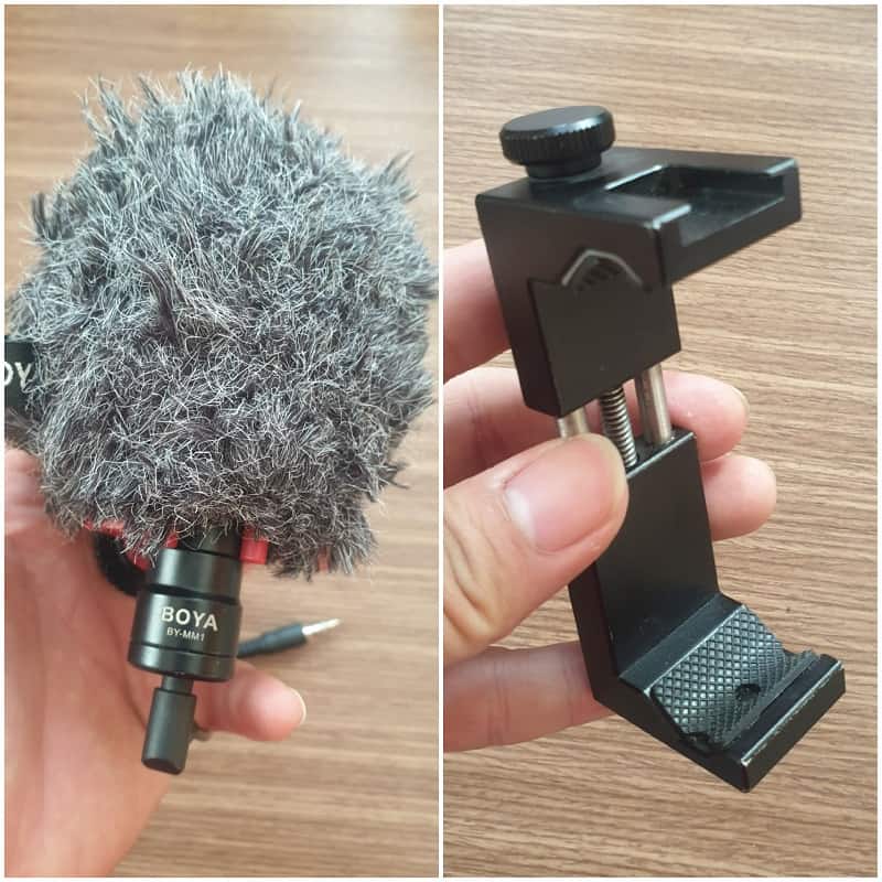 microphone định hướng và khung gắn điện thoại