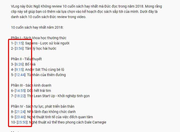 dấu thời gian trong phần mô tả video