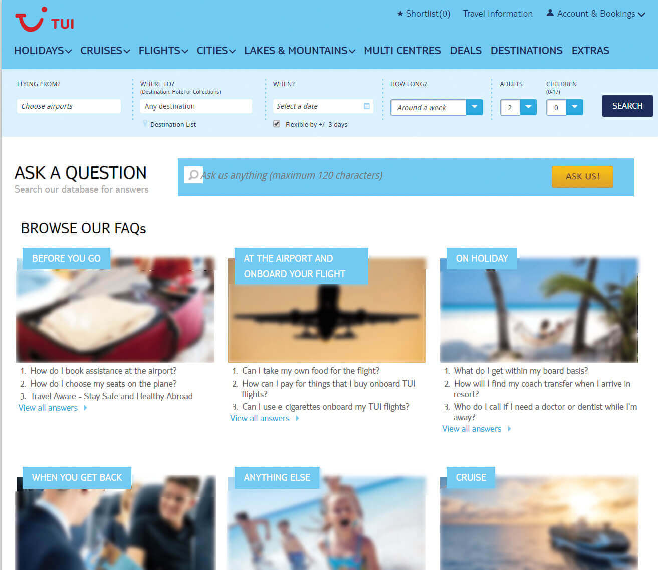 Trang FAQs của TUI