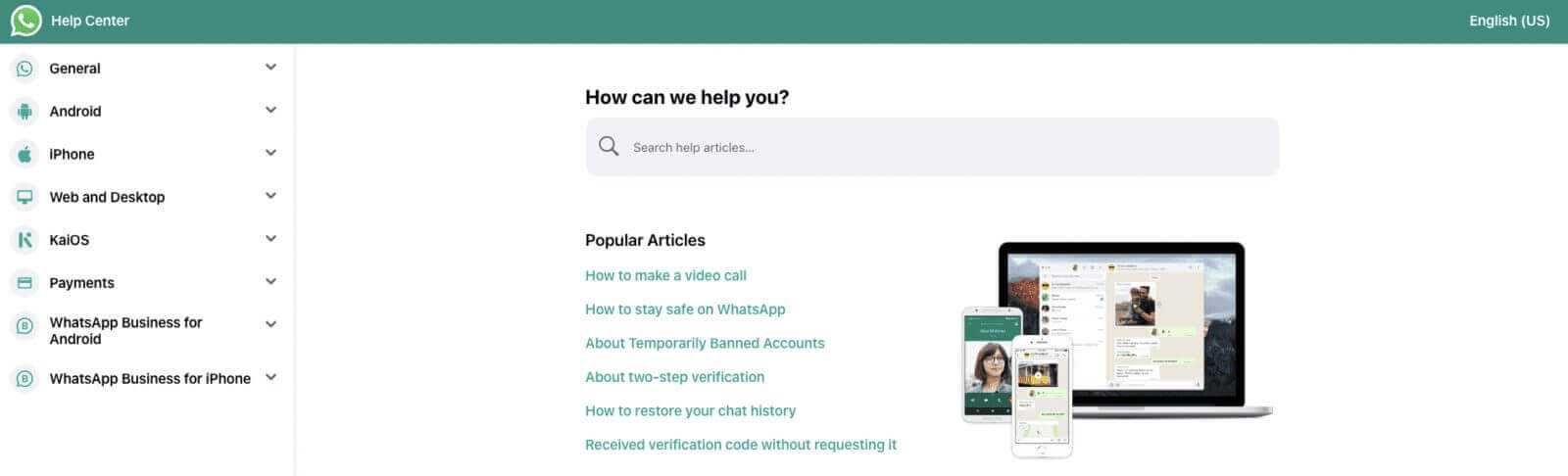 Trang trung tâm trợ giúp của Whatsapp