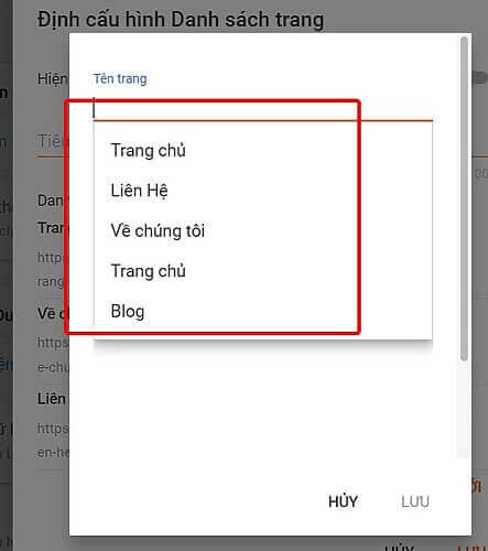 Chon ten trang se xuat hien cac trang ban da tao