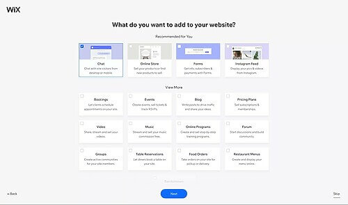 Wix se bat dau hoi ban muon loai tinh nang nao tren trang web cua minh
